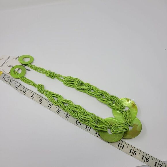 Lime Green Multi Strand Seed Bead Shell Statement Necklace Shell Dangle Earrings - Picture 5 of 9